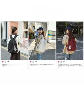 Detailed views of corduroy backpack with cute bear pendant in black cream and red
