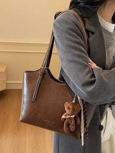 Vintage brown large capacity faux leather tote bag with teddy bear charm and gold logo