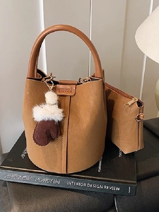 Vintage Faux Suede Bucket Bag For Women Large Capacity Handbag Matte PU Leather Shoulder Bag Retro Crossbody Sub-mother Bag