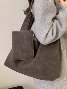 Large vintage suede tote bag in dark brown with matching coin purse and knot strap