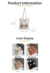 Detailed view of knitted tote bag showing dimensions and four classic color options