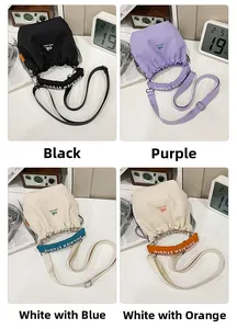 Detailed grid view of nylon tote bags in black, purple, blue, and orange bucket styles
