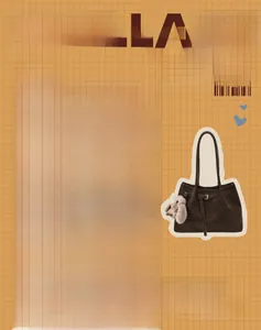 Detail of vintage brown suede tote bag with slim shoulder strap and cute rabbit plush charm