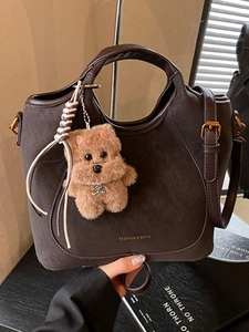 Women Vintage PU Leather Bucket Bag Large Capacity Shoulder Crossbody Bag With Plush Bear Charm For Daily Commuting Travel