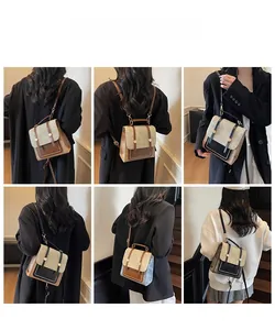 Detail view showing vintage square backpack used as handbag, shoulder bag, and rucksack