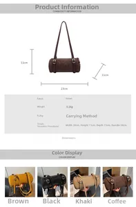 Detail view of lightweight cylindrical flannel handbag with size and weight specifications