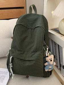Fashion Plaid Nylon Backpack For Women Large Capacity School Bag Casual Travel Rucksack With Plush Bear Pendant Grid Bookbag