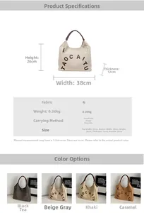 Detailed dimension chart showing size parameters of the retro canvas tote bag with letters