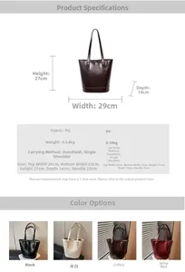 Detailed spec sheet showing PU leather bucket bag dimensions and four color options