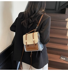 Close-up of a stylish tricolor mini bag with gold hardware worn by a model on stairs