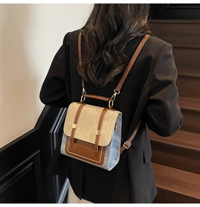 Detail of retro contrasting PU leather backpack with metallic snap button and top handle