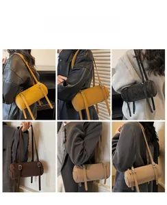 Collage of cylinder shoulder bags in yellow black coffee and beige with styling shots