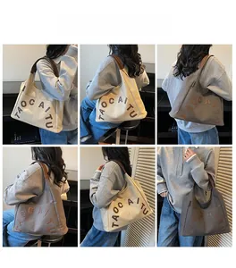 Tote bags collage showing beige and brown canvas models with large letters and leather straps