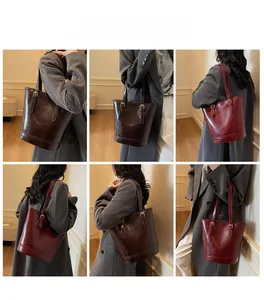 Detailed model views of fashionable retro tote bags in dark brown and vintage red colors