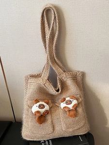 Women Large Capacity Knit Tote Bag Cute Stereo Plush Cat Decor Chunky Knit Shoulder Bag Casual Underarm Commuter Handbag