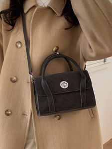 Elegant dark grey vintage crossbody bag with silver twist lock and chic top handle style