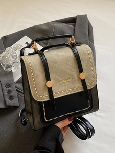 Retro PU Leather Mini Backpack For Women Color Block Square Handbag With Rivet Decor Multi Functional Shoulder Bag Daily Satchel