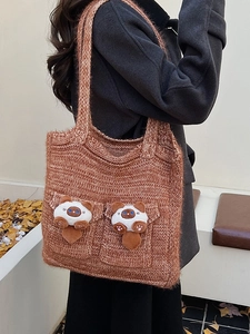 Brown knit tote bag with 3D plush cat pockets and long straps for casual daily use