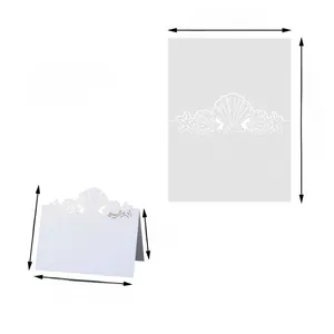 Size chart showing dimensions of laser-cut white butterfly shell-themed wedding place cards