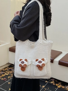 White knitted tote bag with 3D plush cat pockets and spacious shoulder strap for autumn
