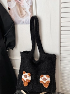 Large black plush tote bag with cute cat plushies for winter casual commute