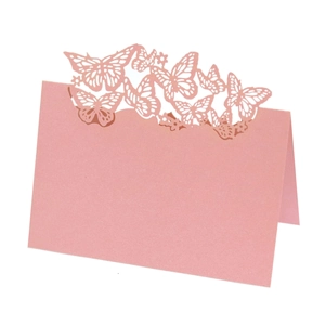 Pink laser-cut butterfly place card with pearl finish for wedding table decor