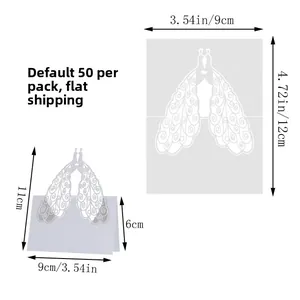 Detailed size chart of laser cut peacock table card showing open and folded dimensions