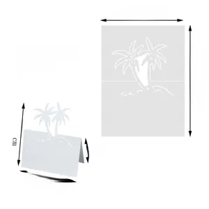 Macro view of laser-cut palm tree place cards with detailed fold lines and dimensions