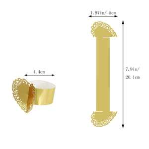 Detailed dimensions of laser-cut heart pattern gold napkin rings for wedding decor