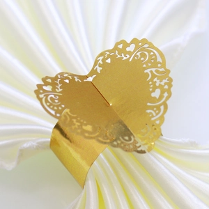 Macro view of gold hollow heart napkin ring with laser-cut vine patterns on white satin