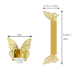 Detailed size chart for laser-cut golden butterfly napkin rings with dimensions