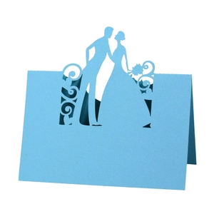 Light blue hollow laser cut wedding place card with elegant bride and groom silhouette