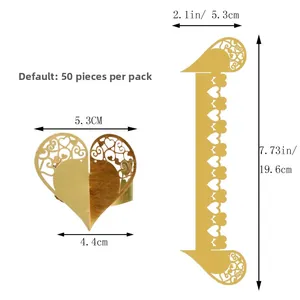 Detailed laser cut heart napkin ring dimensions and 50 pcs packaging specification