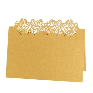 Elegant gold hollow laser cut rose wedding name place card with pearlescent finish