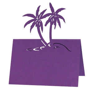 Detail of laser-cut 3D pop-up purple palm trees on a romantic beach theme wedding card