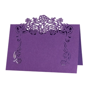 Deep purple laser cut hollow rose place card for weddings with delicate floral design