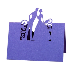 Laser cut purple wedding place card with hollow groom and bride silhouette design