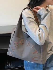 Retro canvas tote bag with letter patch embroidery and brown leather shoulder straps