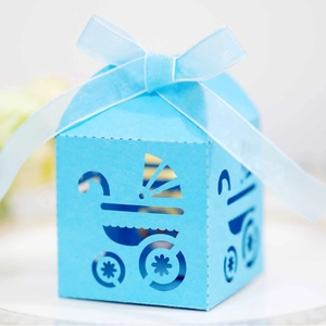 Sky blue laser cut baby stroller gift box with elegant organza ribbon and bow