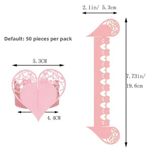 Size guide for laser-cut heart napkin rings showing 19.6cm length and 50 pieces per pack
