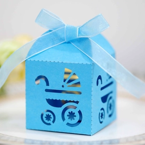 Laser cut light blue baby carriage favor box with ribbon for baby shower parties