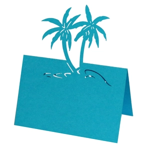 3D tropical coconut tree pop-up place card in bright blue pearlescent paper