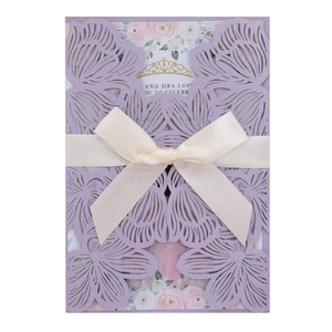 Laser cut lavender floral wedding invitation set with silk ribbon and pearl paper