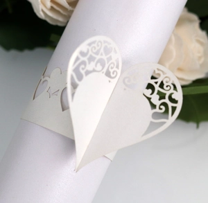 Detail shot of laser-cut heart napkin ring with delicate hollow vine patterns