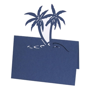 Detail of laser-cut 3D popup navy blue beach coconut tree seating card on white background