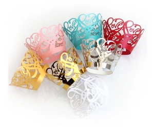 Laser cut pearlescent paper cupcake wrappers with heart Love patterns in various colors