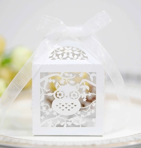 Detail of laser-cut white owl paper candy box with elegant organza ribbon and floral cutout
