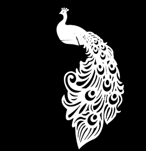 Detail view of laser-cut peacock place card in white pearlescent paper for wedding party