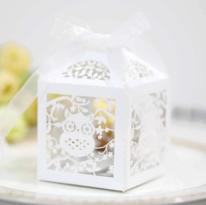Macro detail of white laser-cut owl candy box with elegant white organza ribbon bow