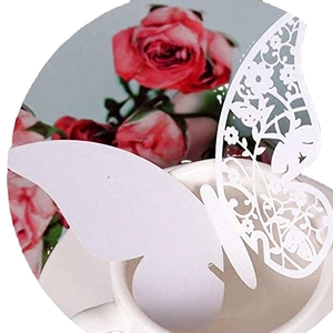 Elegant white laser-cut butterfly cup cards for wedding table and glass decoration